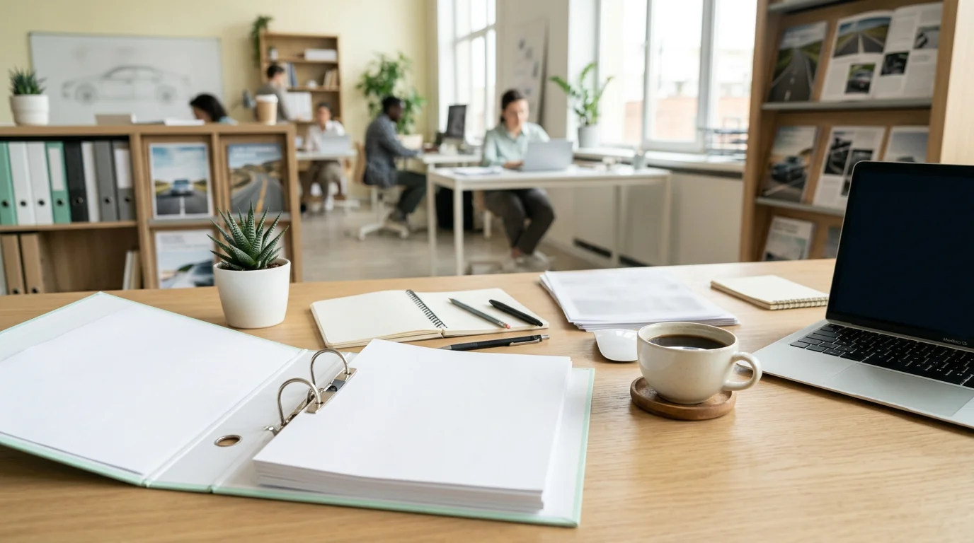 Redaktioneller Arbeitsplatz mit Unterlagen zur Kfz-Versicherung, 1920x1080 px