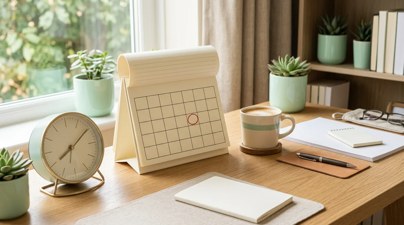 Kalender und Uhr auf dem Schreibtisch, 1200x720 px, Thema Fristen