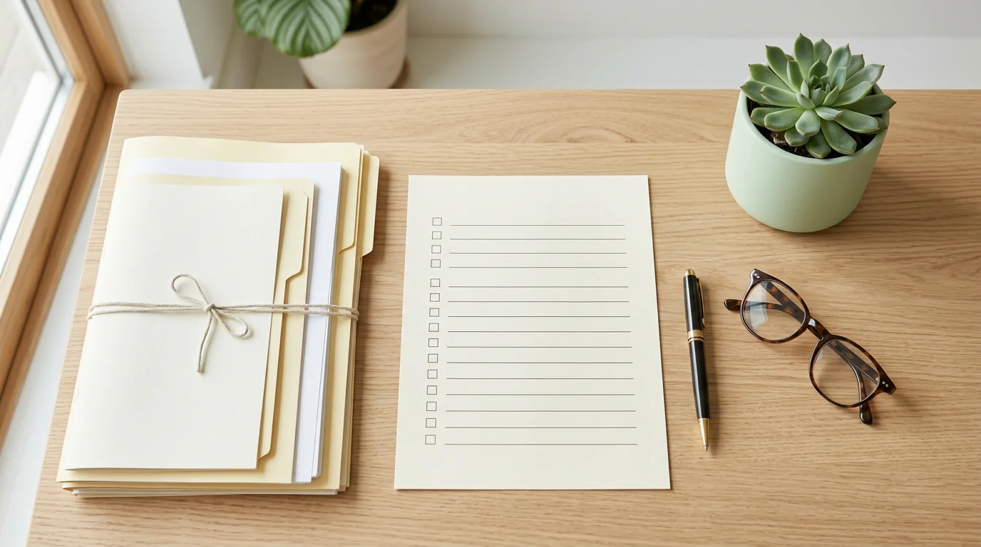 Arbeitsplatz mit Police, Checkliste und Stift, 1200x800 px, symbolisiert strukturierte Vertragsprüfung